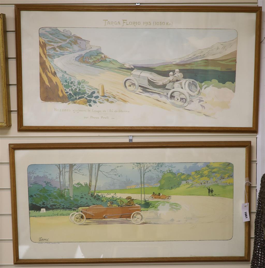 A pair of colour reprints after Gamy of early 20th century motoring scenes including Targa Florio 1913, 43 x 87cm